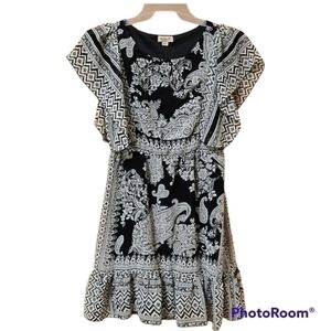 Cato Paisley ruffle black and cream dress